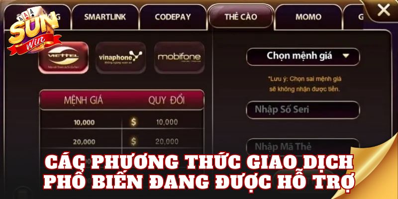Các phương thức giao dịch phổ biến đang được hỗ trợ